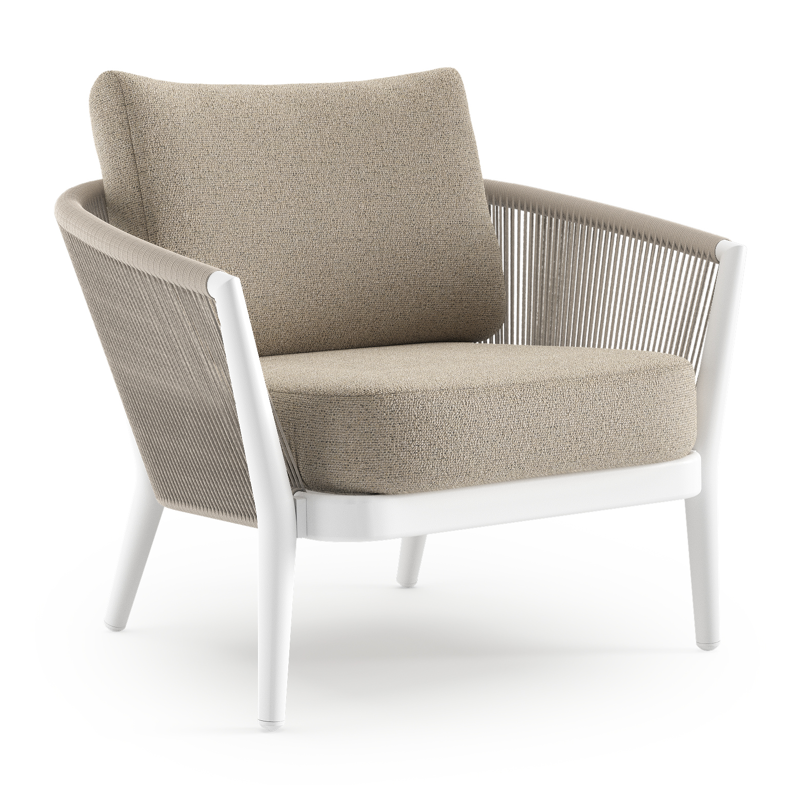 Orso loungestoel in wit aluminium en beige verticaal geweven ronde rope met Marbella Beige all weather cosytica kussen