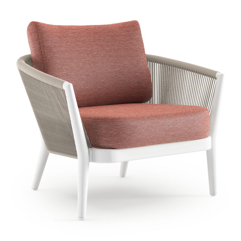 Fauteuil de jardin Orso en aluminium blanc en corde ronde tissée verticalement beige et coussins en All Weather Sunbrella® luxe Slow Alezan