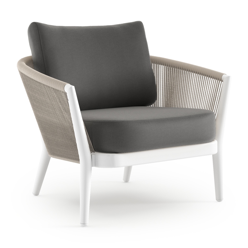 Fauteuil de jardin Orso en aluminium blanc en corde ronde tissée verticalement beige et coussins en all weather sunbrella® luxe Natte Charcoal Chine