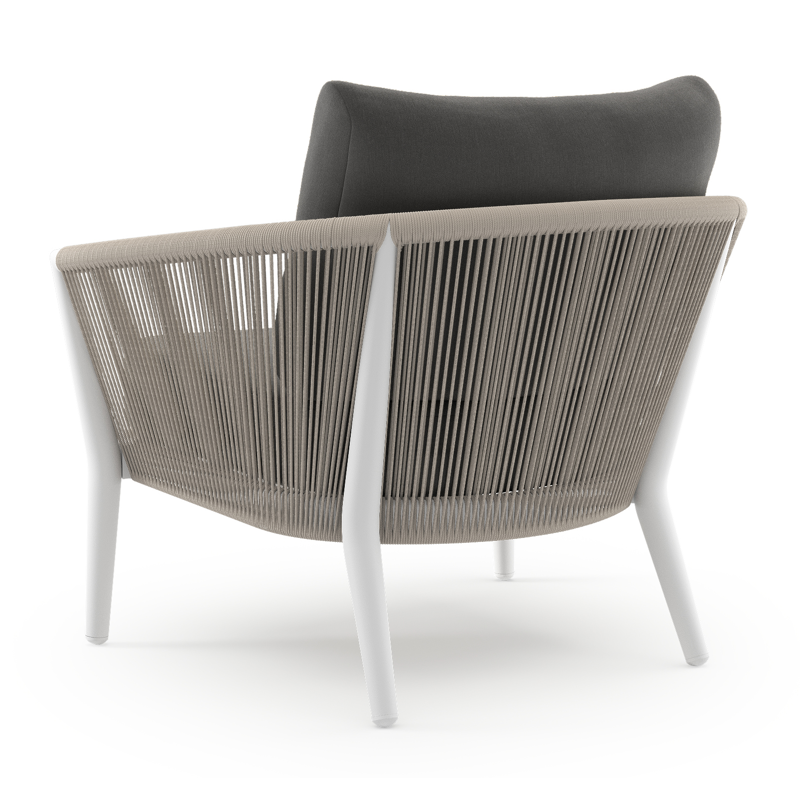 Fauteuil de jardin Orso en aluminium blanc en corde ronde tissée verticalement beige et coussins en all weather sunbrella® luxe Natte Charcoal Chine