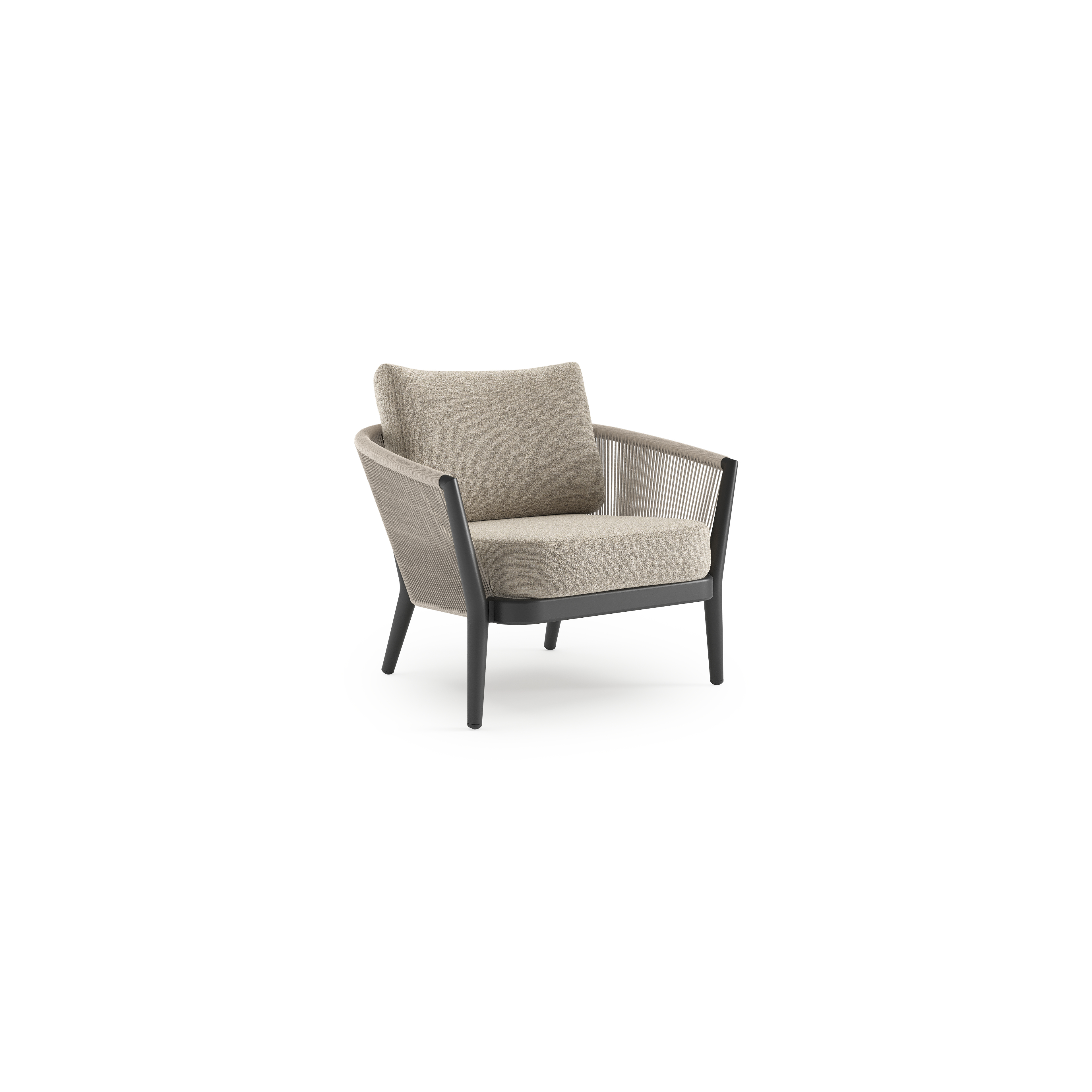 Orso loungestoel in zwart aluminium en beige verticaal geweven ronde rope met Catania Sand all weather cosytica kussen