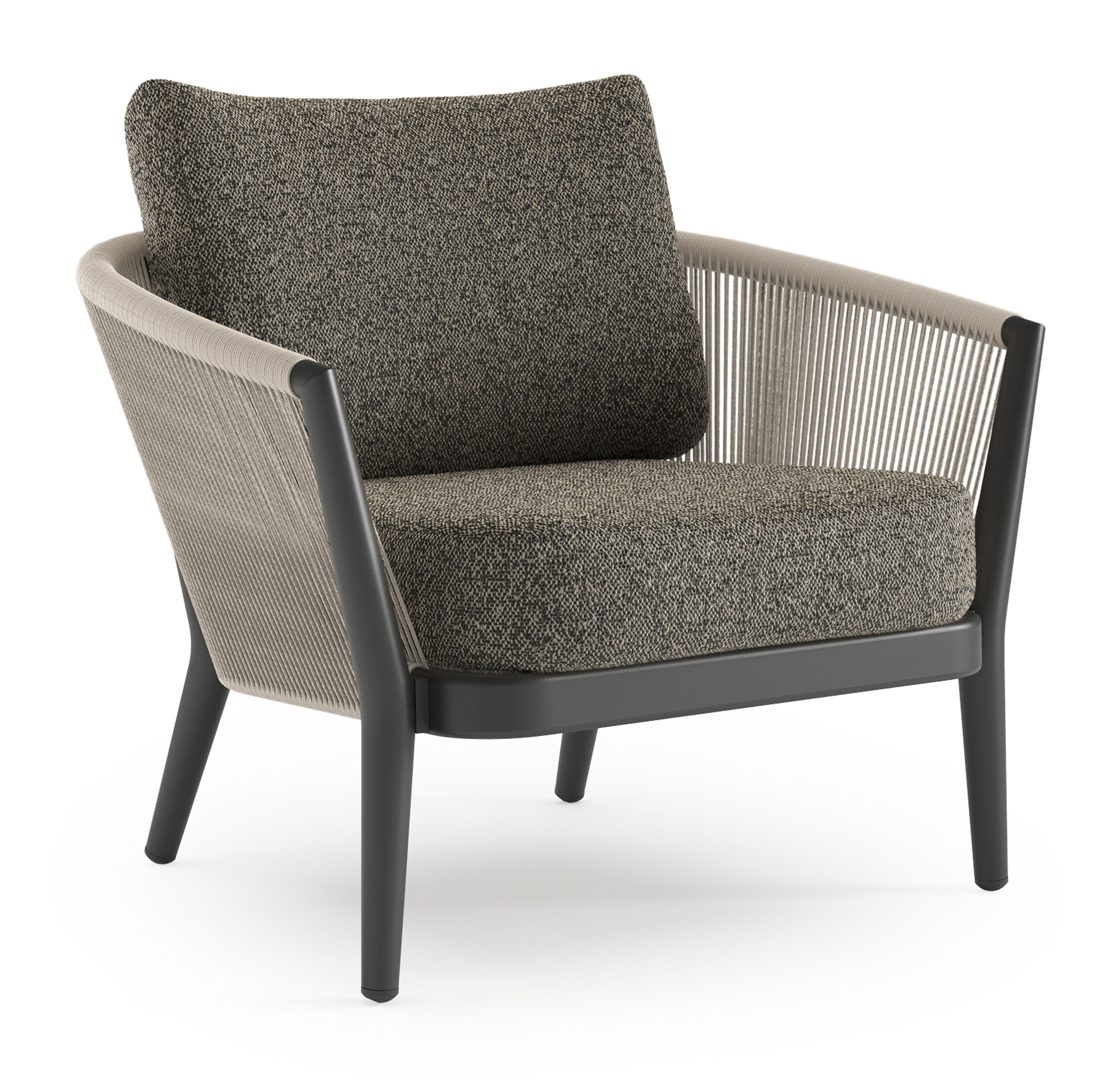 Orso loungestoel 1-zit in zwart aluminium en beige verticaal geweven ronde rope met marbella tunder All Weather Cosytica kussen