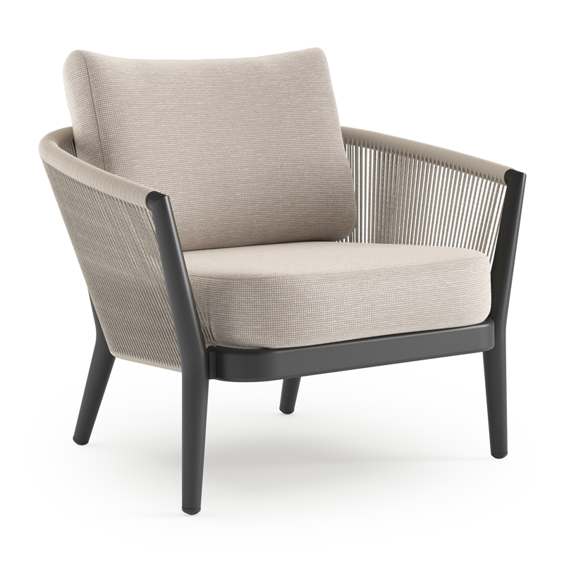 Fauteuil de jardin Orso en aluminium noir en corde ronde tissée verticalement beige et coussins en all weather sunbrella® luxe Slow Farafra
