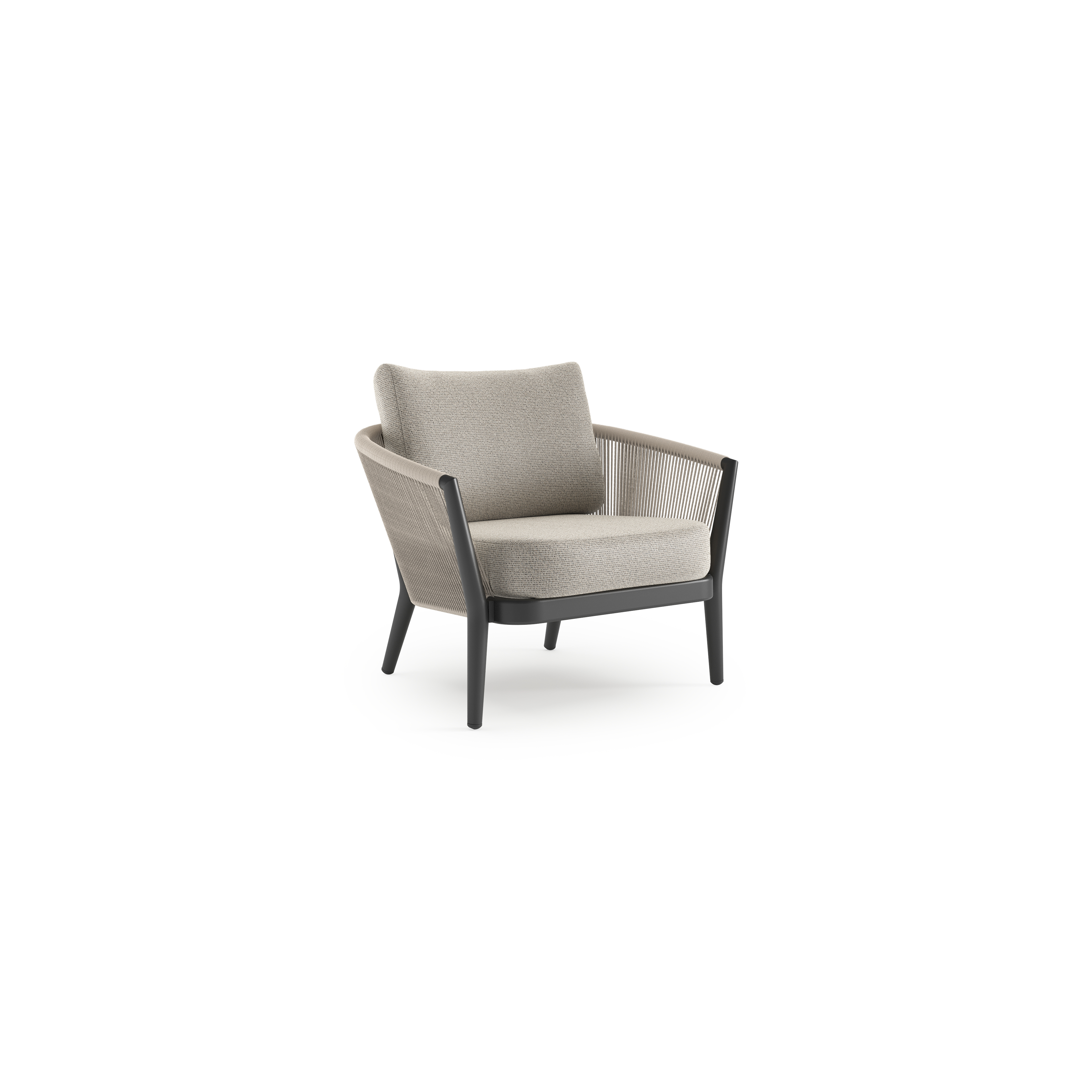 Orso loungestoel in zwart aluminium en beige verticaal geweven ronde rope met Firenze Sand all weather solica kussen