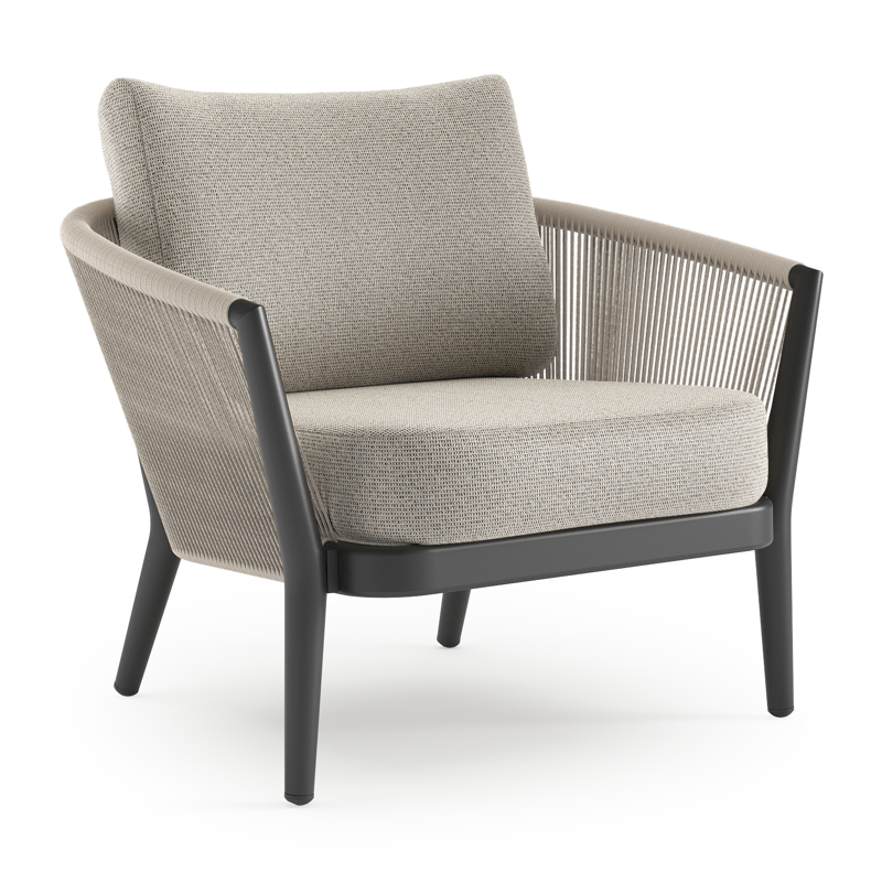 Orso loungestoel in zwart aluminium en beige verticaal geweven ronde rope met Firenze Sand all weather solica kussen