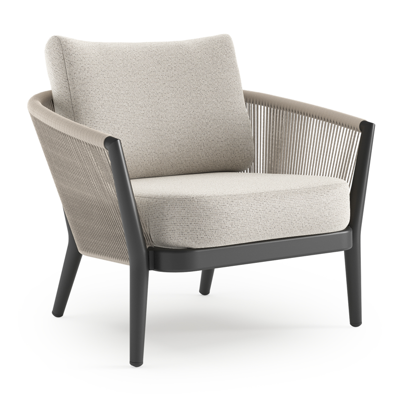 Orso loungestoel in zwart aluminium en beige verticaal geweven ronde rope met Firenze Natural all weather solica kussen