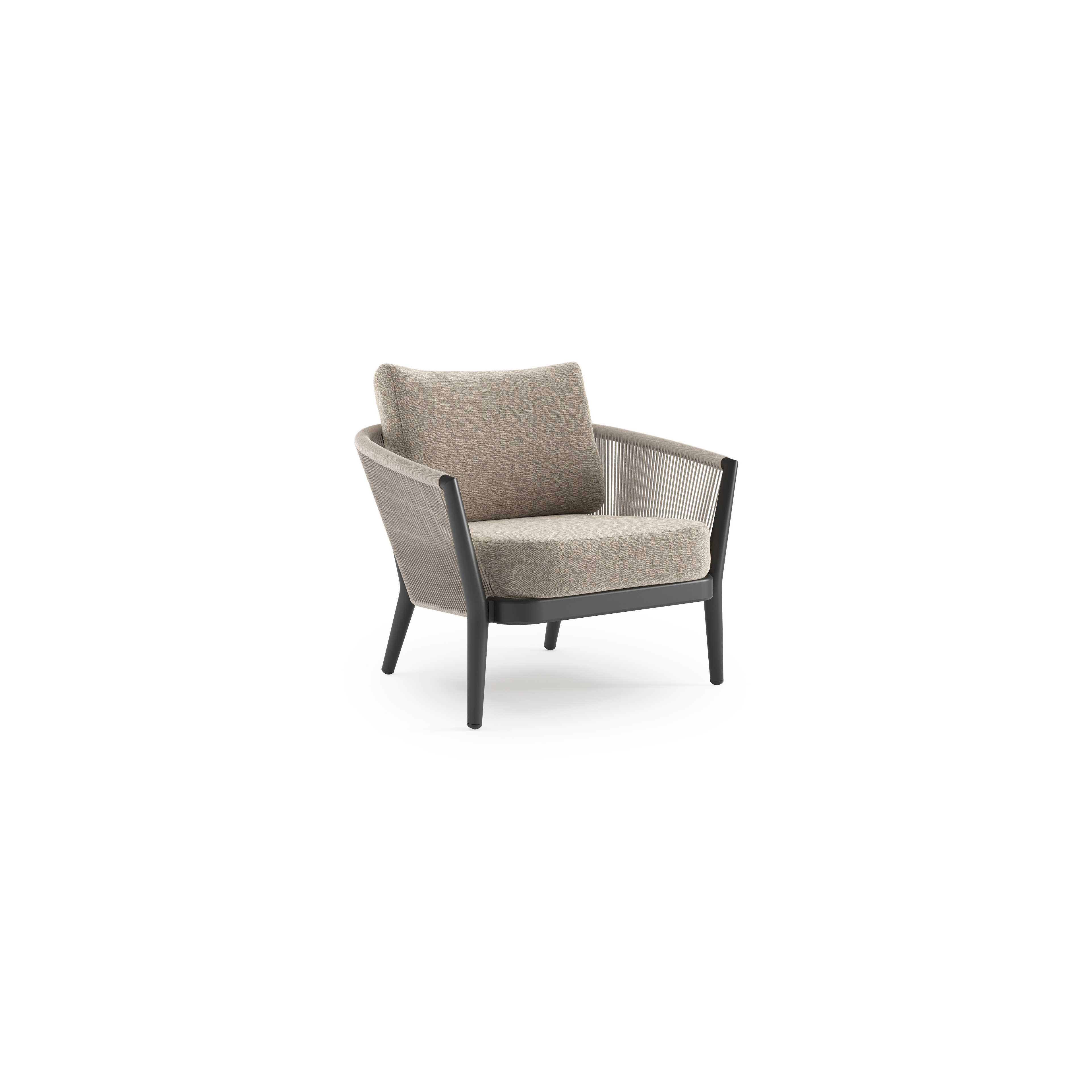 Fauteuil de jardin Orso en aluminium noir en corde ronde tissée verticalement beige et coussins en all weather sunbrella® luxe Chartres Pewter