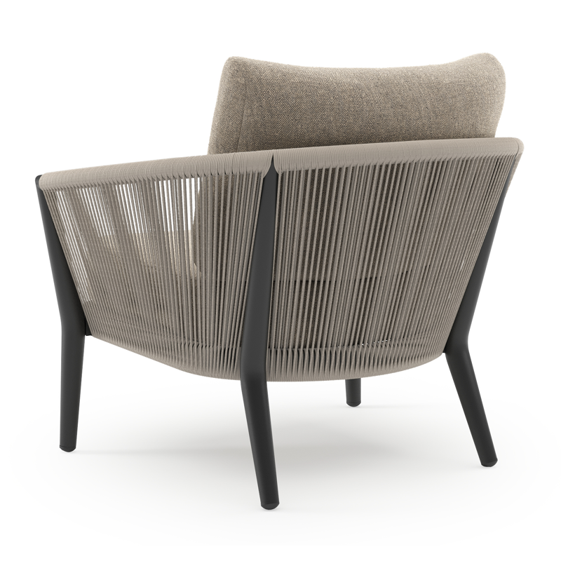 Orso loungestoel in zwart aluminium en beige verticaal geweven ronde rope met Chartres Pewter all weather sunbrella® luxe kussen