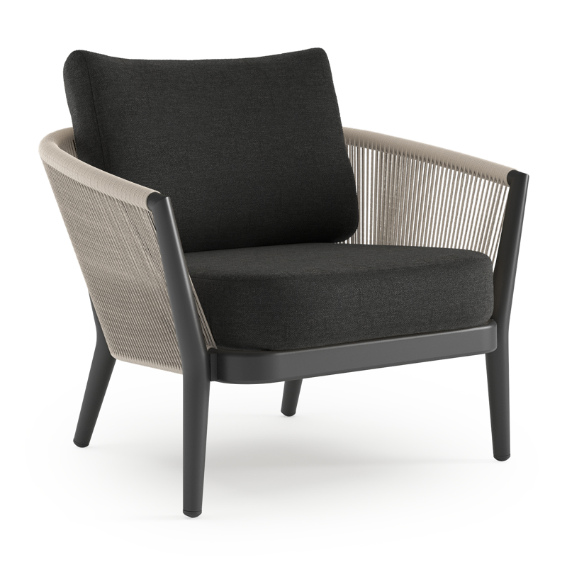 Orso loungestoel in zwart aluminium en beige verticaal geweven ronde rope met Chartres Sooty all weather sunbrella® luxe kussen