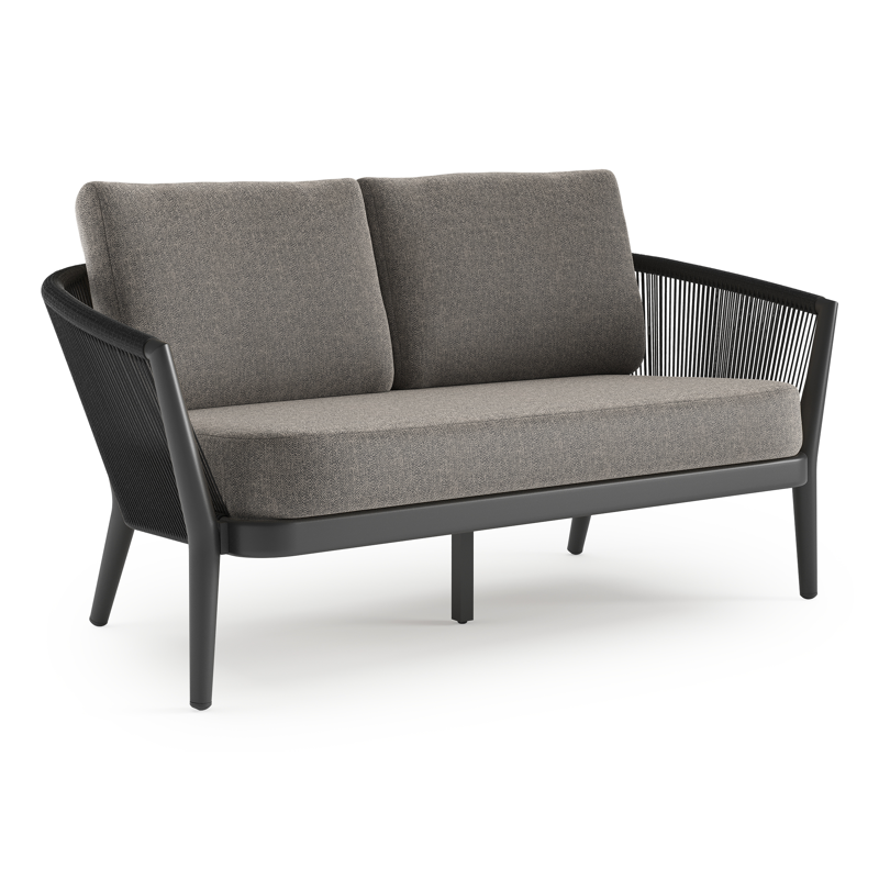 Canapé de jardin Orso en aluminium noir en corde ronde tissée verticalement noir et coussins en all weather sunbrella® luxe Chartres Drizzle