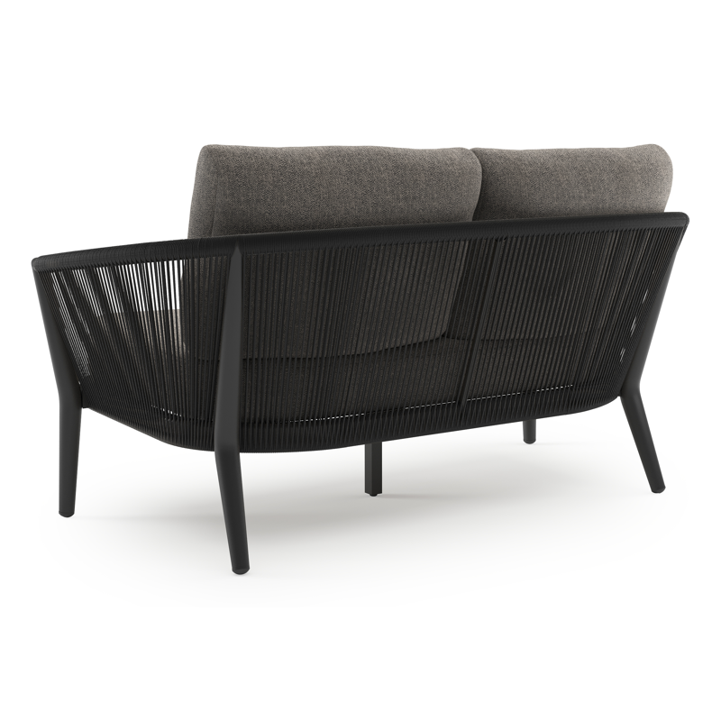 Canapé de jardin Orso en aluminium noir en corde ronde tissée verticalement noir et coussins en all weather sunbrella® luxe Chartres Drizzle