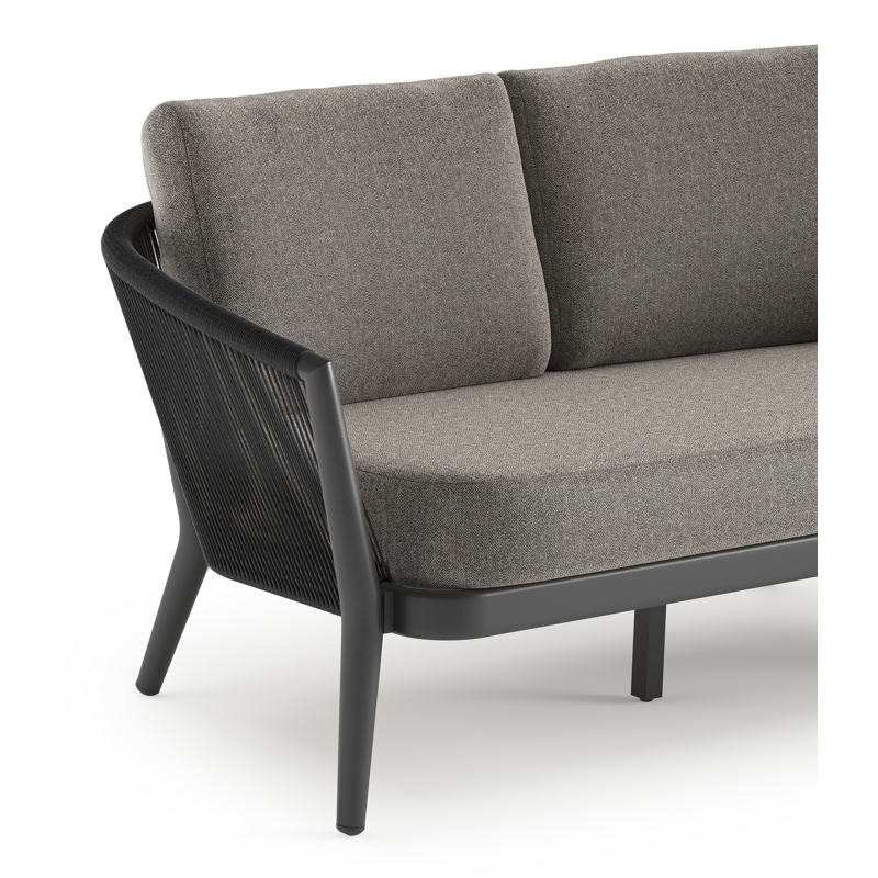 Canapé de jardin Orso en aluminium noir en corde ronde tissée verticalement noir et coussins en all weather sunbrella® luxe Chartres Drizzle