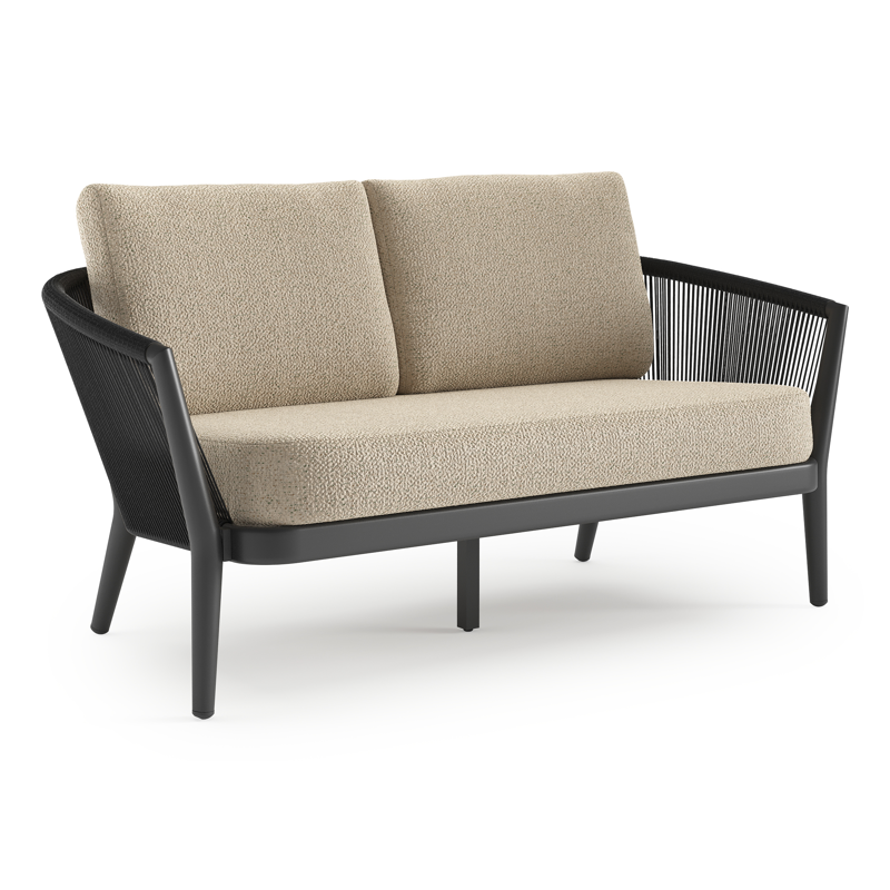 Canapé de jardin Orso en aluminium noir en corde ronde tissée verticalement noir et coussins en all weather cosytica Bora Forest