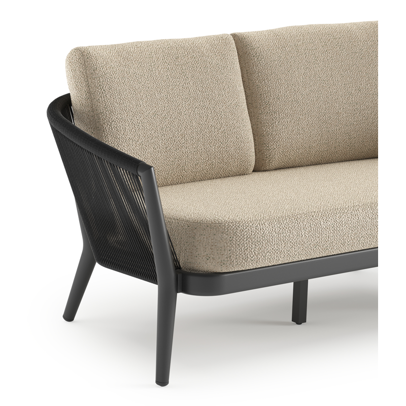 Canapé de jardin Orso en aluminium noir en corde ronde tissée verticalement noir et coussins en all weather cosytica Bora Forest