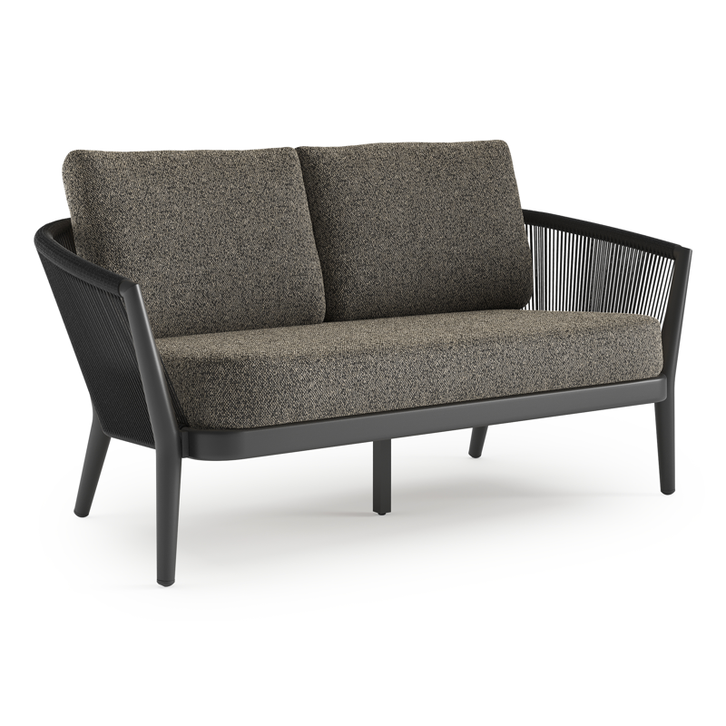 Canapé de jardin Orso en aluminium noir en corde ronde tissée verticalement noir et coussins en all weather cosytica Marbella Tunder