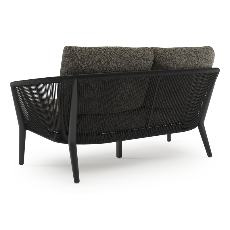 Canapé de jardin Orso en aluminium noir en corde ronde tissée verticalement noir et coussins en all weather cosytica Marbella Tunder