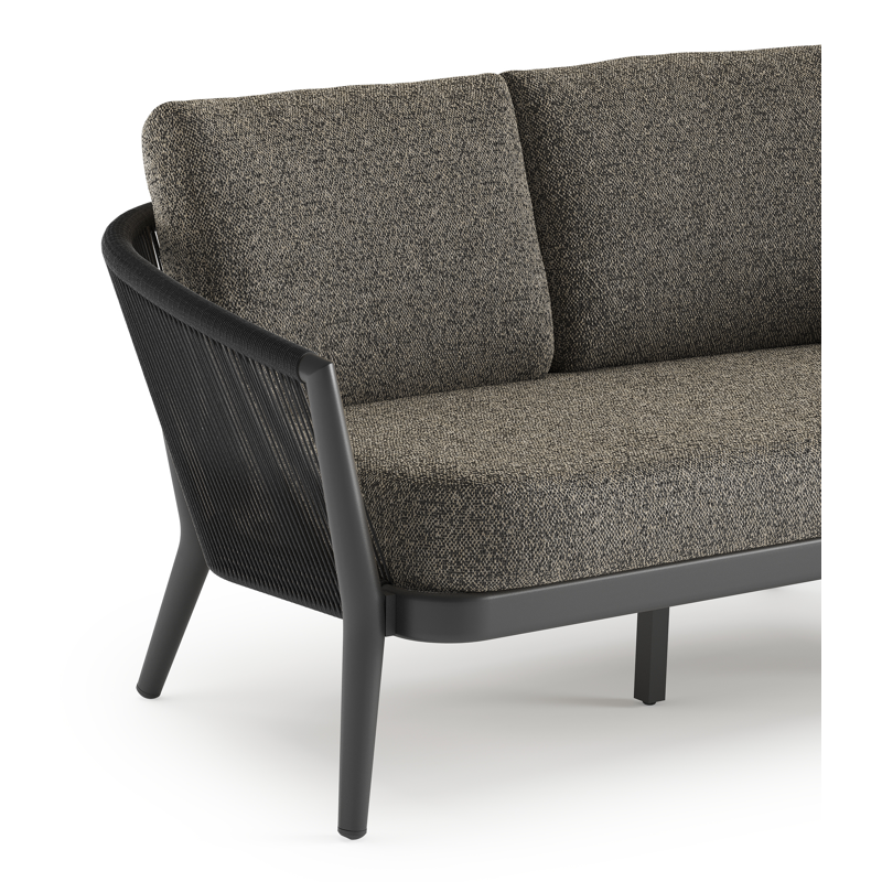 Canapé de jardin Orso en aluminium noir en corde ronde tissée verticalement noir et coussins en all weather cosytica Marbella Tunder