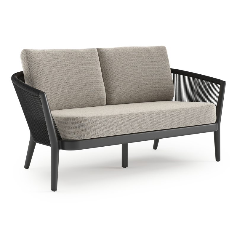 Orso loungebank in zwart aluminium en zwart verticaal geweven ronde rope met Firenze Sand all weather solica kussen
