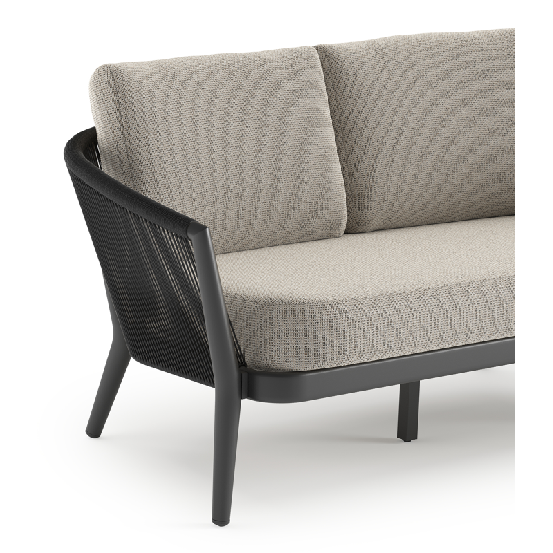 Orso loungebank in zwart aluminium en zwart verticaal geweven ronde rope met Firenze Sand all weather solica kussen