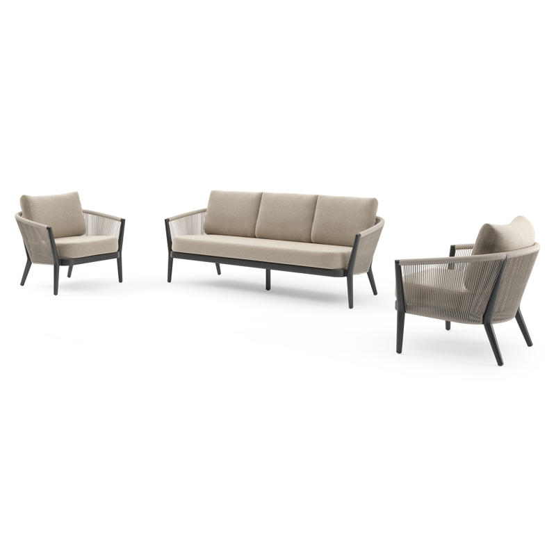 Orso loungeset in zwart aluminium en beige verticaal geweven ronde rope met Marbella Beige all weather cosytica kussen