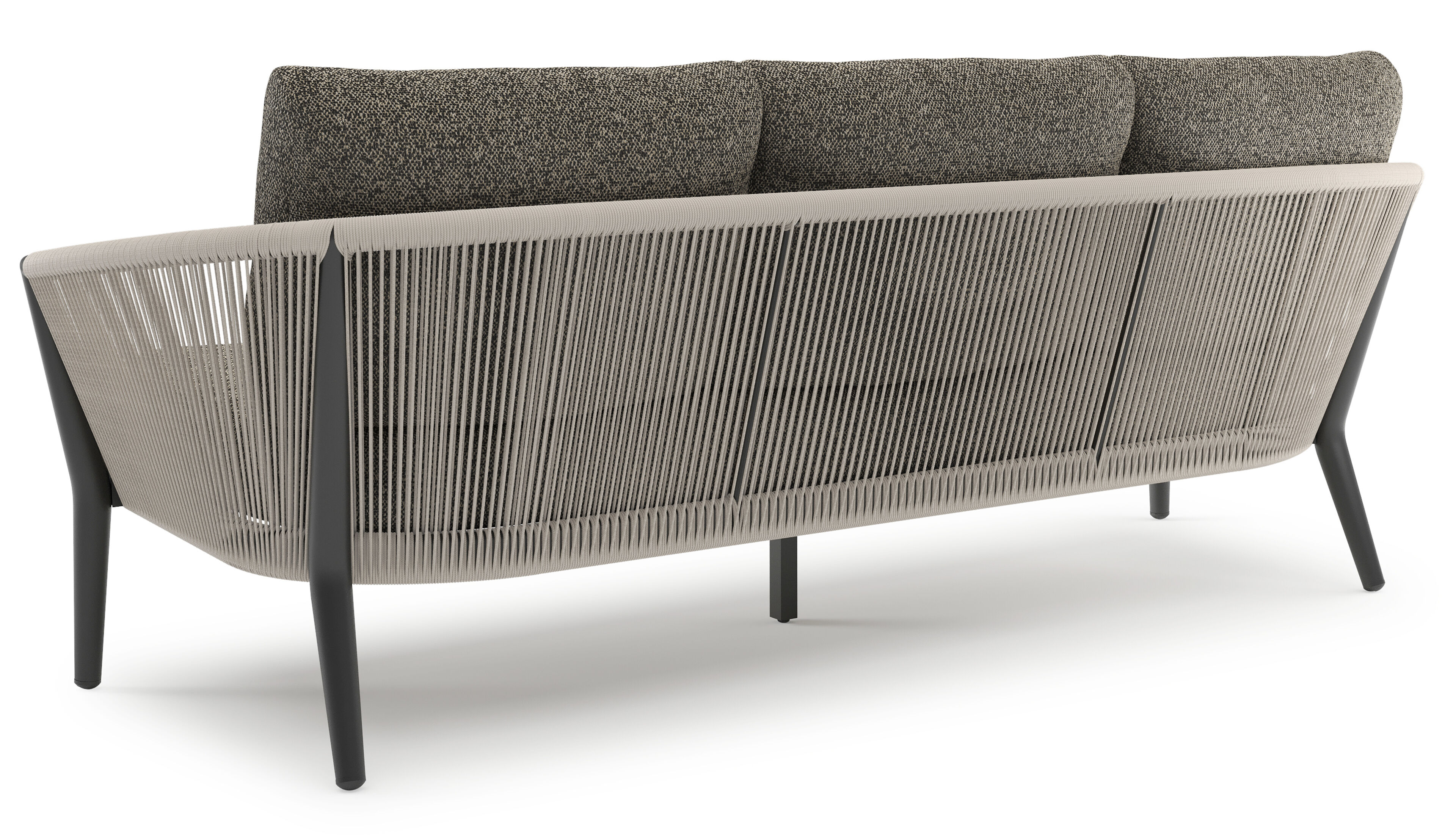 Orso loungeset in zwart aluminium en beige verticaal geweven ronde rope met Marbella Tunder all weather cosytica kussen