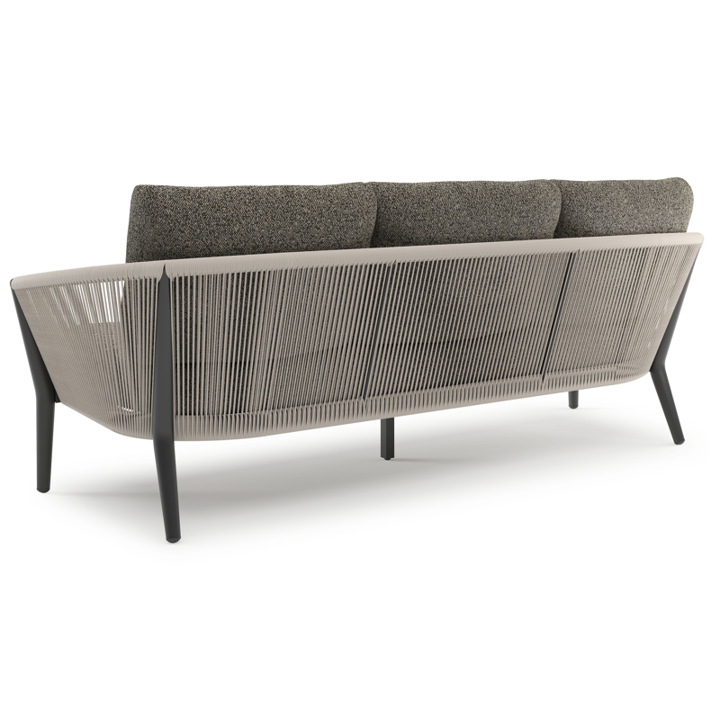 Salon de jardin Orso en aluminium noir en corde ronde tissée verticalement beige et coussins en all weather cosytica Marbella Tunder
