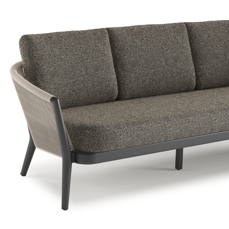 Salon de jardin Orso en aluminium noir en corde ronde tissée verticalement beige et coussins en all weather cosytica Marbella Tunder