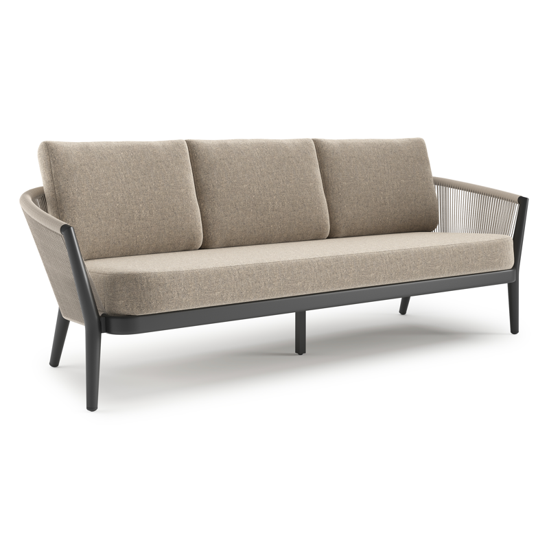 Canapé de jardin Orso en aluminium noir en corde ronde tissée verticalement beige et coussins en all weather sunbrella® luxe Chartres Pewter