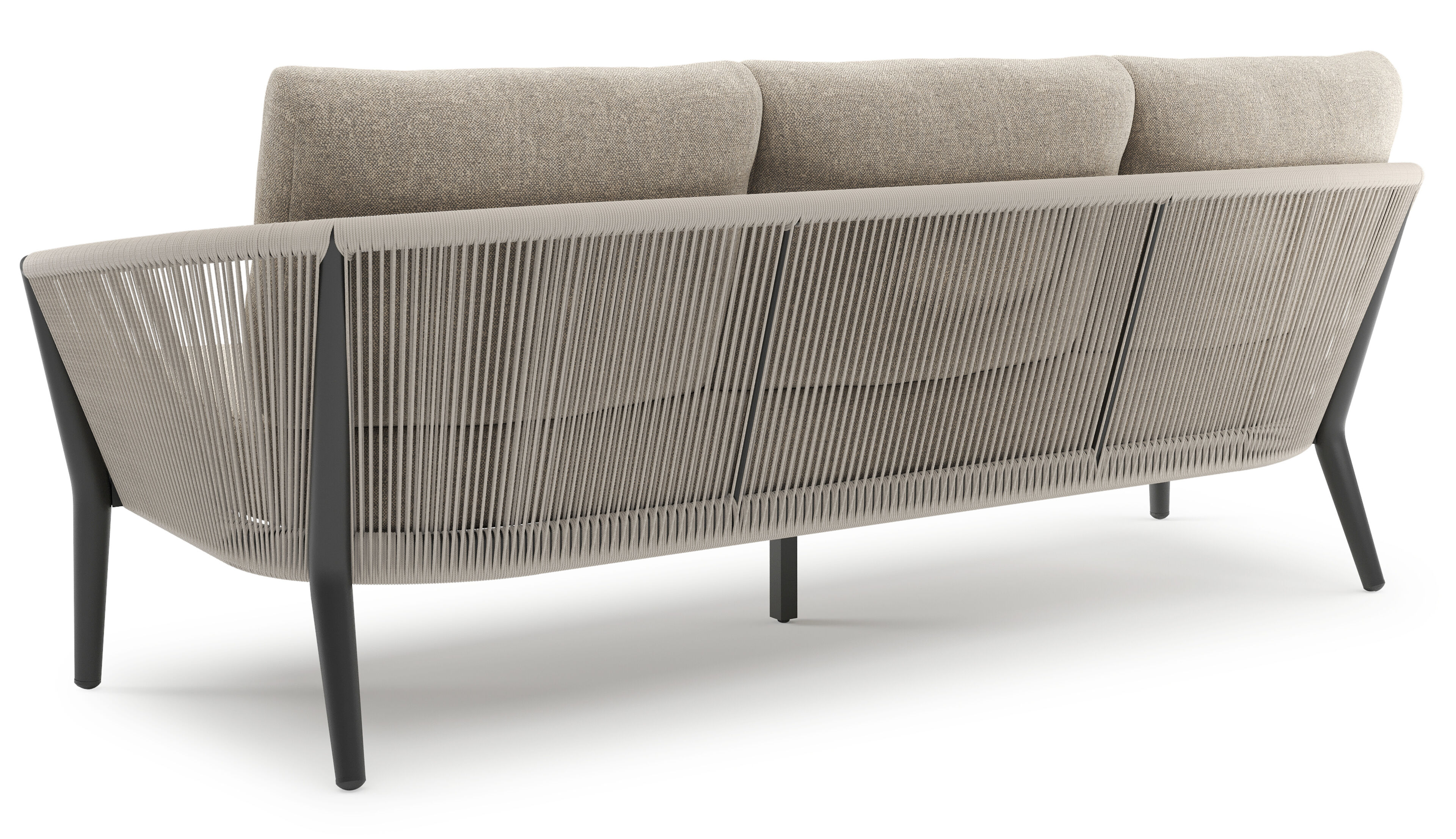 Orso loungebank in zwart aluminium en beige verticaal geweven ronde rope met Chartres Pewter all weather sunbrella® luxe kussen