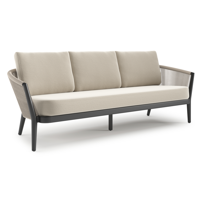Orso loungebank in zwart aluminium en beige verticaal geweven ronde rope met Lopi Marble all weather sunbrella® luxe kussen