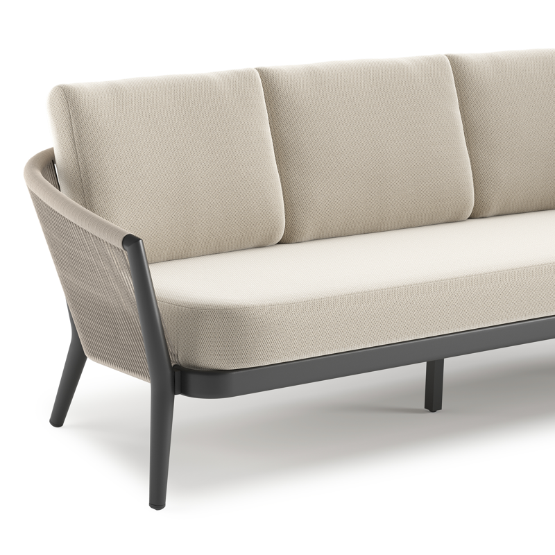 Orso loungebank in zwart aluminium en beige verticaal geweven ronde rope met Lopi Marble all weather sunbrella® luxe kussen