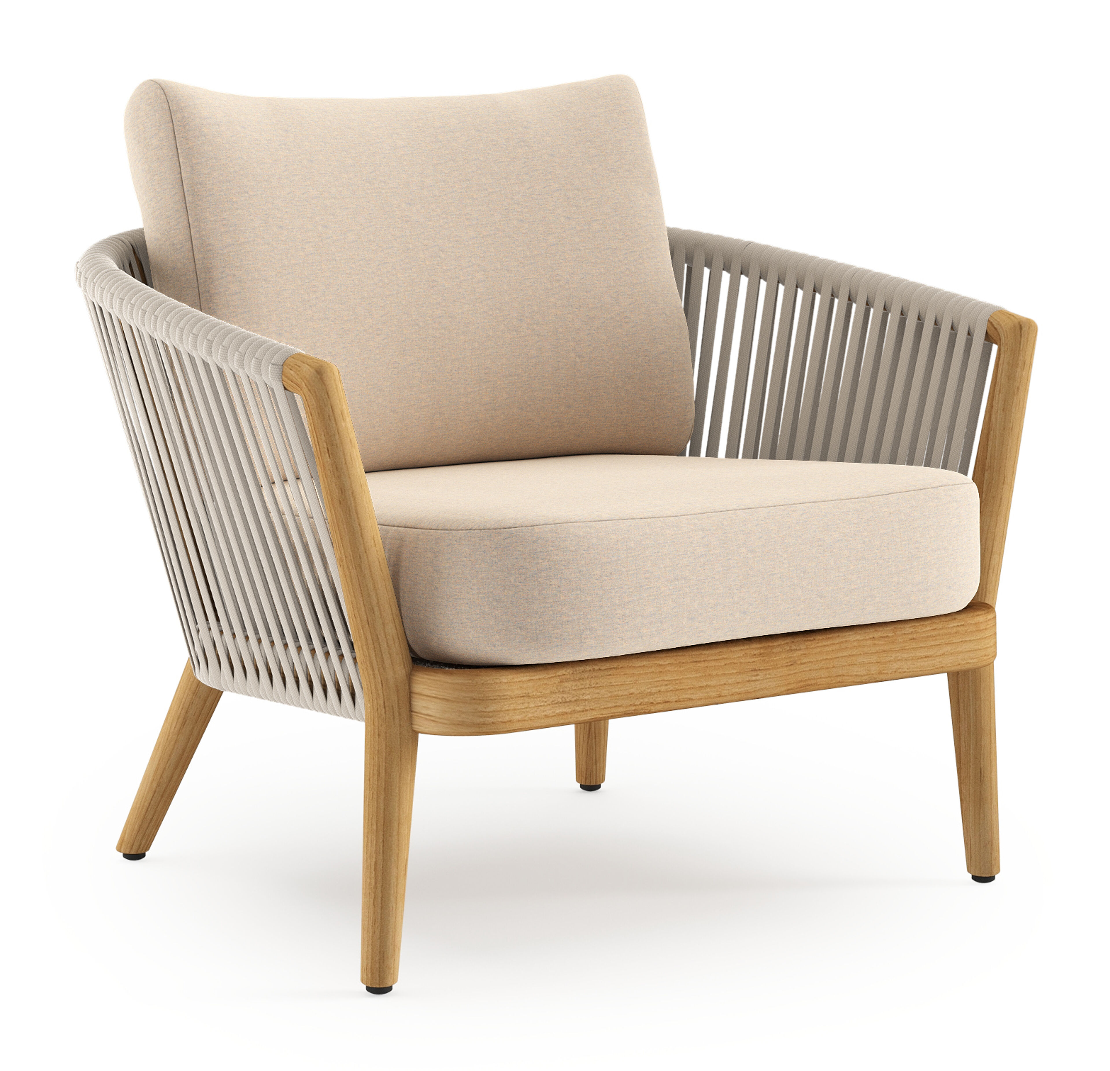 Orso loungestoel 1-zit in teak en beige verticaal geweven luxe vlakke rope met heritage papyrus all weather sunbrella® luxe kussen