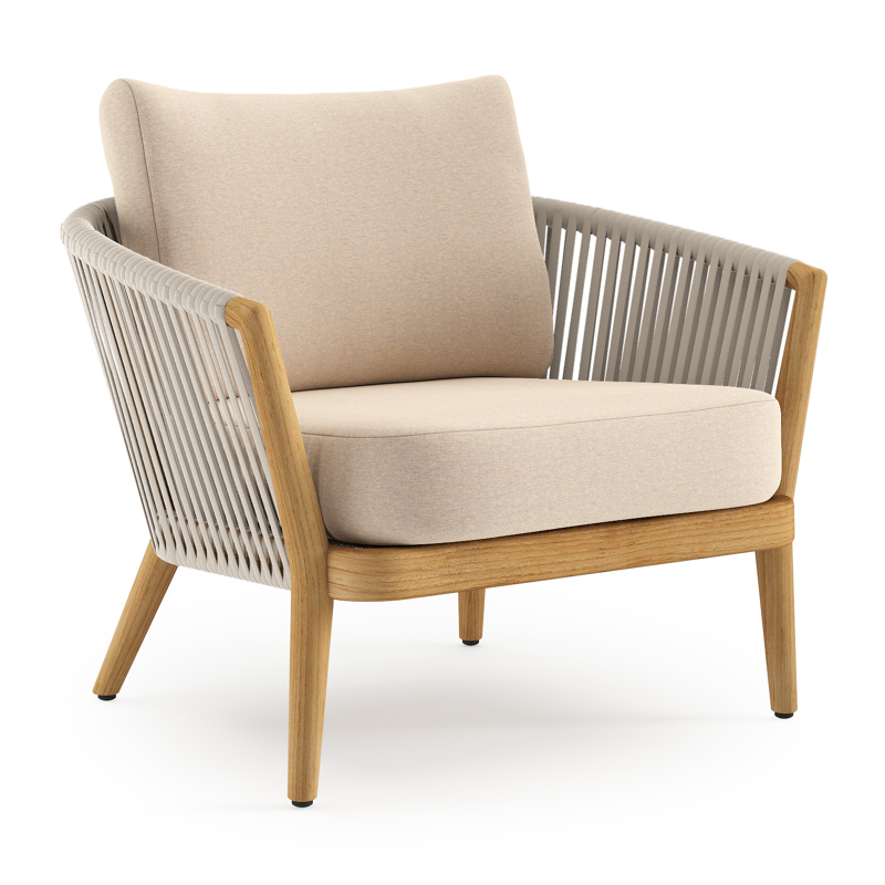 Orso loungestoel 1-zit in teak en beige verticaal geweven luxe vlakke rope met heritage papyrus all weather sunbrella® luxe kussen