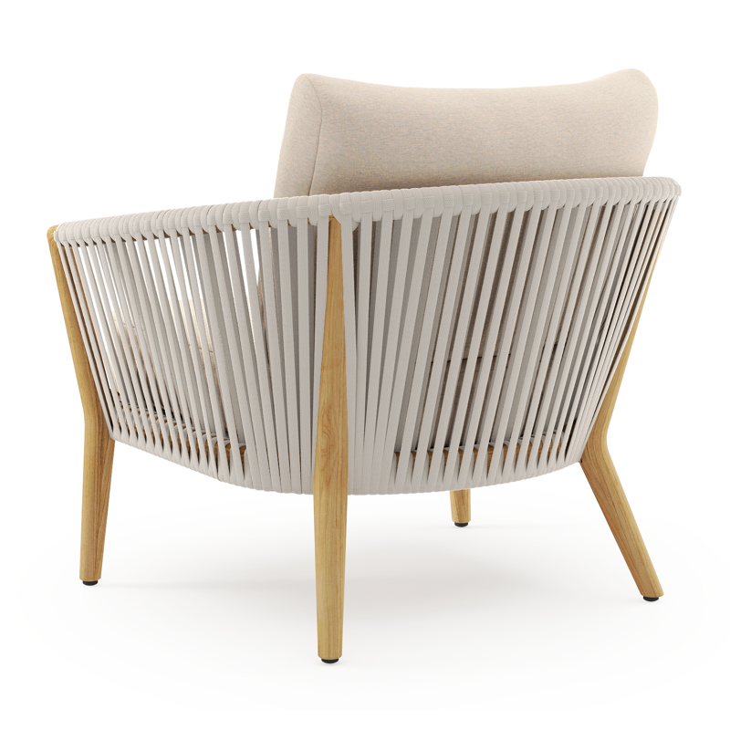 Orso loungestoel 1-zit in teak en beige verticaal geweven luxe vlakke rope met heritage papyrus all weather sunbrella® luxe kussen