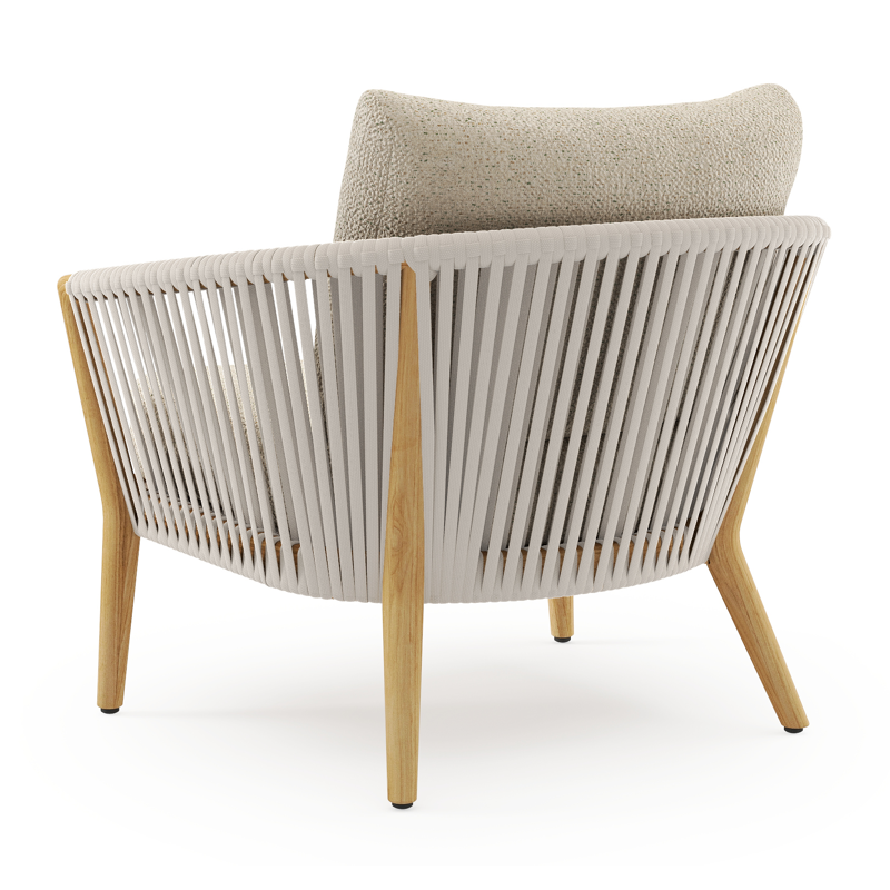 Orso loungestoel in teak en beige verticaal geweven luxe vlakke rope met Bora Forest all weather cosytica kussen