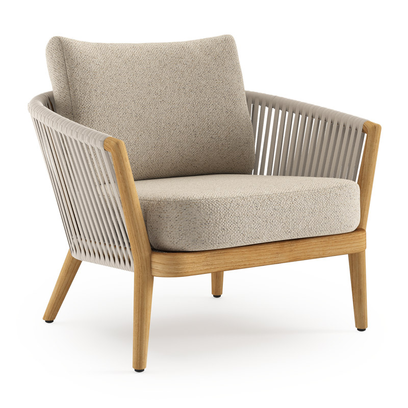 Orso loungestoel in teak en beige verticaal geweven luxe vlakke rope met Bora Desert all weather cosytica kussen