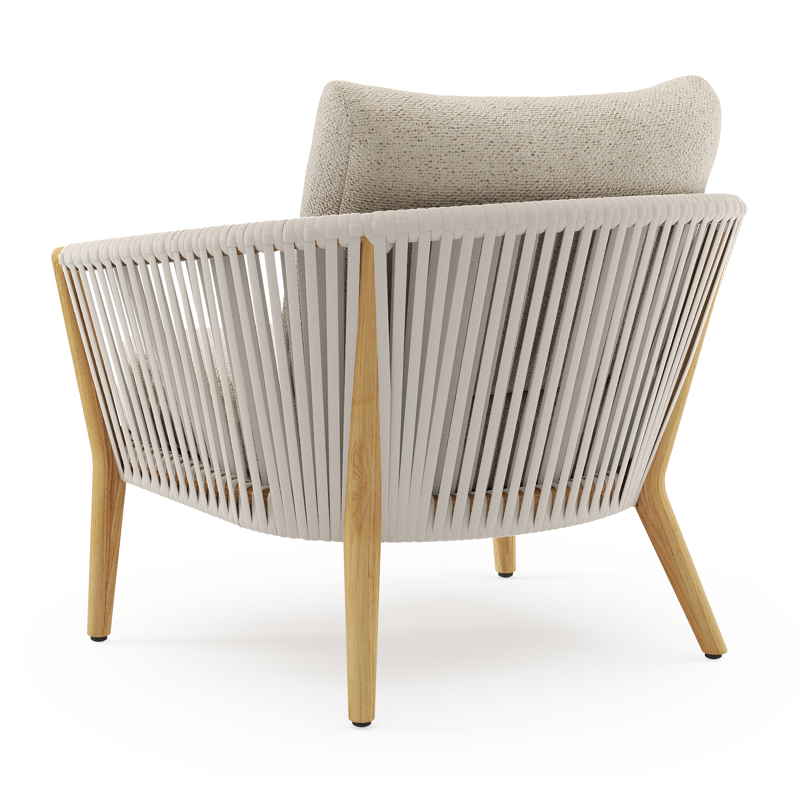 Orso loungestoel in teak en beige verticaal geweven luxe vlakke rope met Bora Desert all weather cosytica kussen