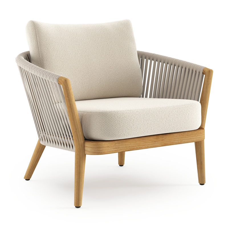 Fauteuil de jardin Orso en tecken corde luxe plate tissée verticalement beige et coussins en all weather cosytica Althea Off White