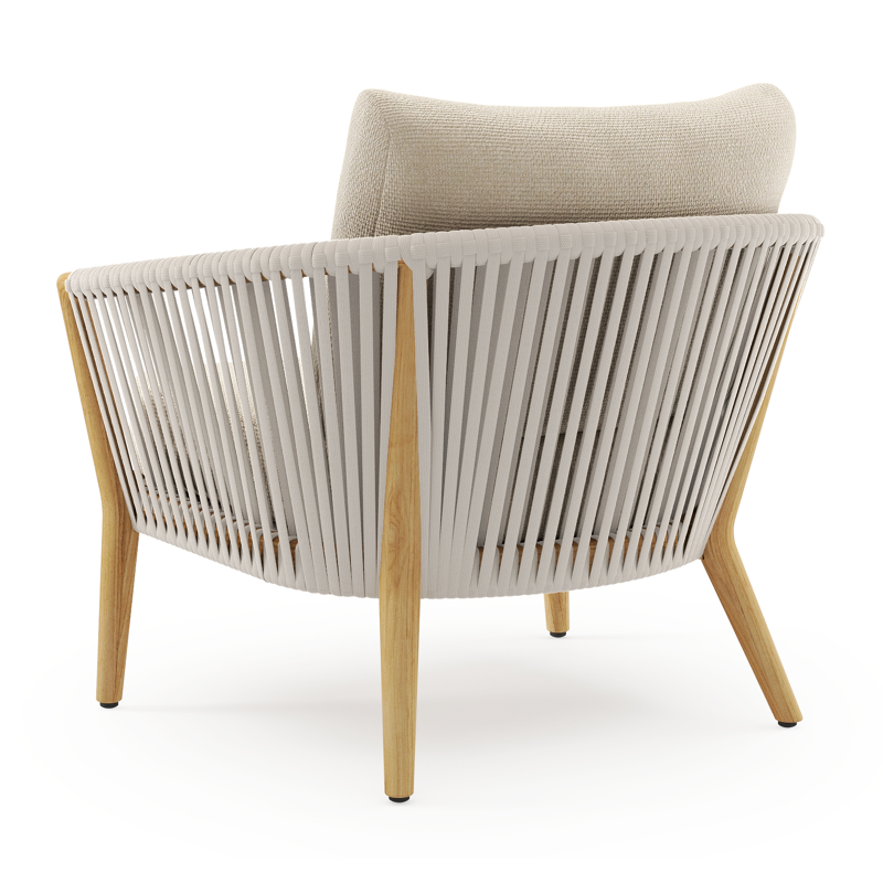 Fauteuil de jardin Orso en tecken corde luxe plate tissée verticalement beige et coussins en all weather cosytica Althea Chalk