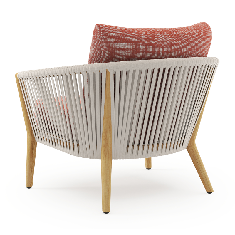 Orso loungestoel in teak en beige verticaal geweven luxe vlakke rope met Slow Alezan all weather sunbrella® luxe kussen