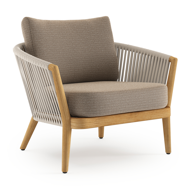 Orso loungestoel in teak en beige verticaal geweven luxe vlakke rope met Firenze Earth all weather solica kussen