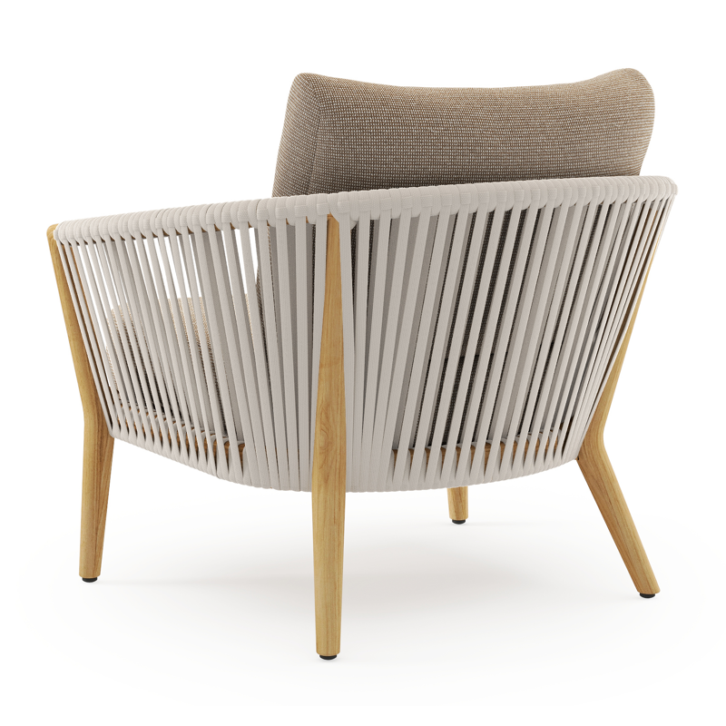 Orso loungestoel in teak en beige verticaal geweven luxe vlakke rope met Firenze Earth all weather solica kussen