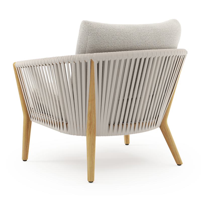 Orso loungestoel in teak en beige verticaal geweven luxe vlakke rope met Firenze Natural all weather solica kussen