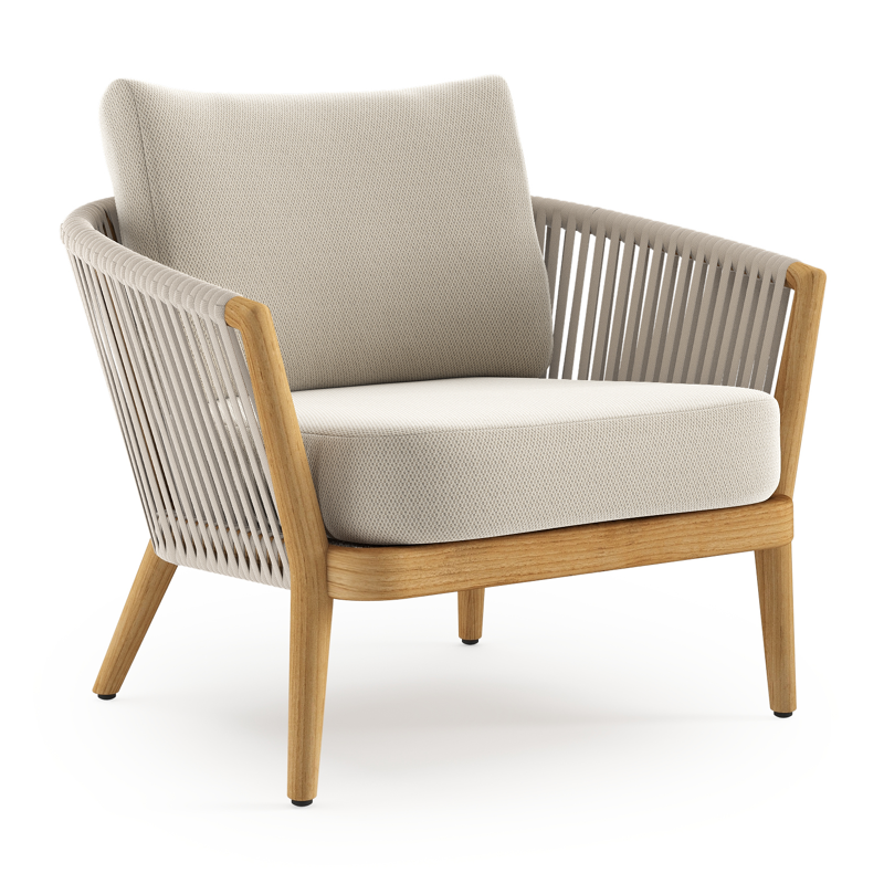 Orso loungestoel in teak en beige verticaal geweven luxe vlakke rope met Lopi Marble all weather sunbrella® luxe kussen