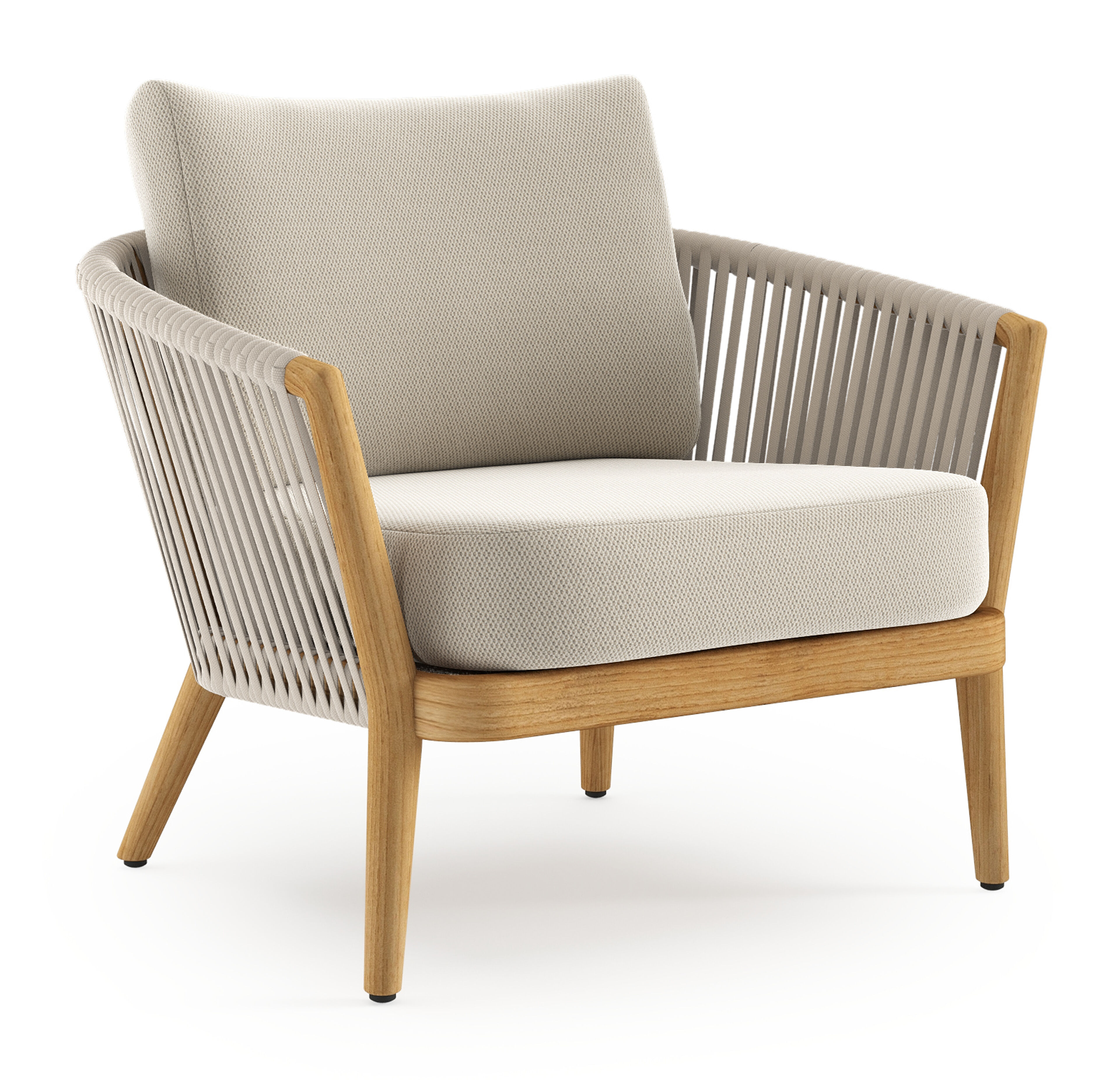 Orso loungestoel in teak en beige verticaal geweven luxe vlakke rope met Lopi Marble all weather sunbrella® luxe kussen