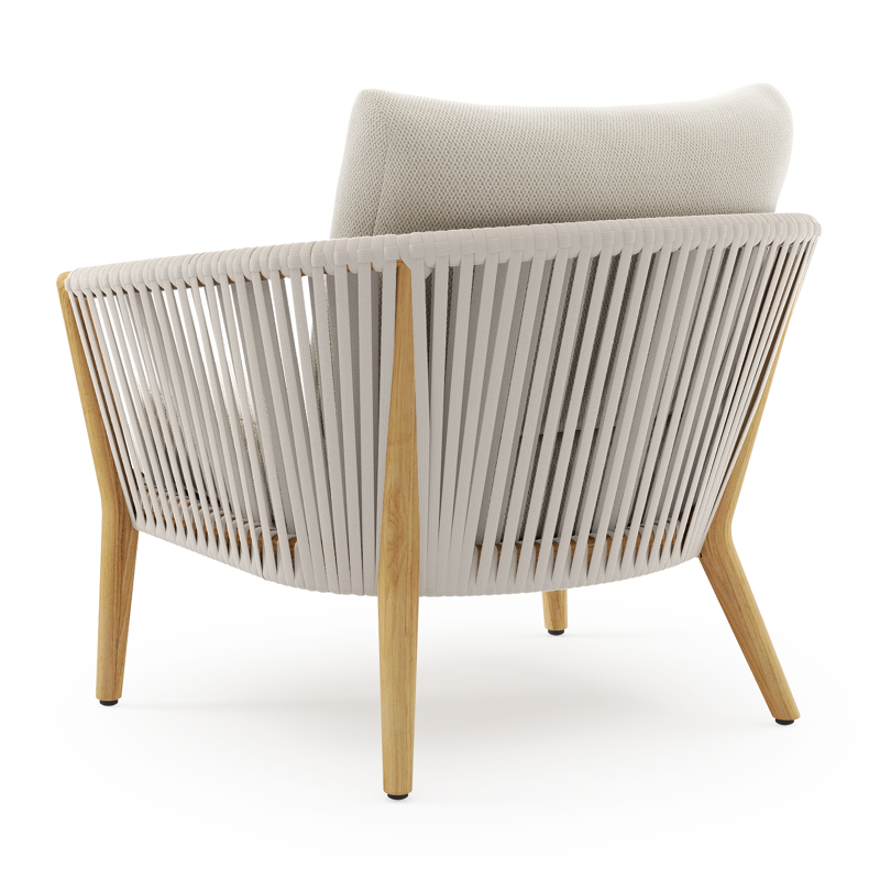 Orso loungestoel in teak en beige verticaal geweven luxe vlakke rope met Lopi Marble all weather sunbrella® luxe kussen