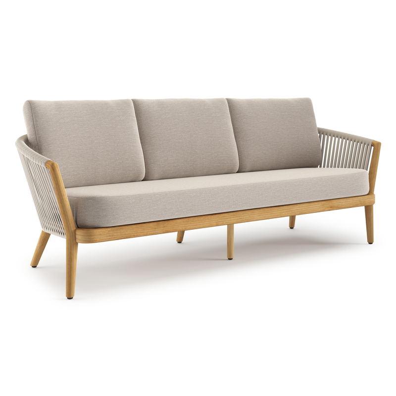 Orso loungebank in teak en beige verticaal geweven luxe vlakke rope met Slow Farafra all weather sunbrella® luxe kussen