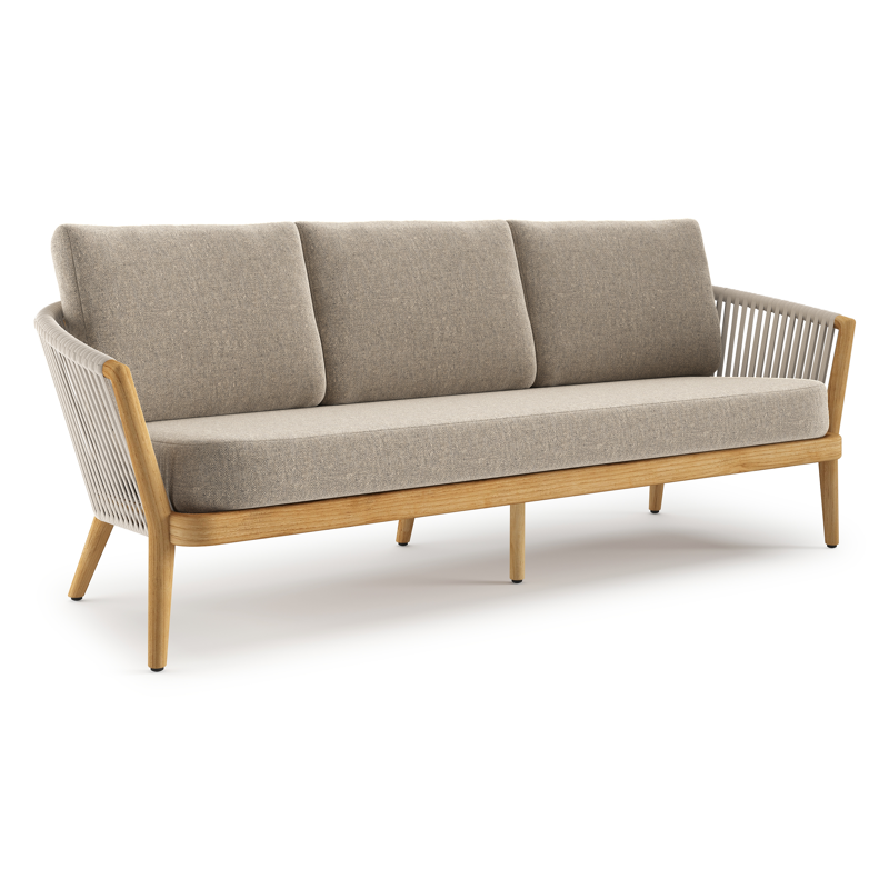 Orso loungebank in teak en beige verticaal geweven luxe vlakke rope met Chartres Pewter all weather sunbrella® luxe kussen