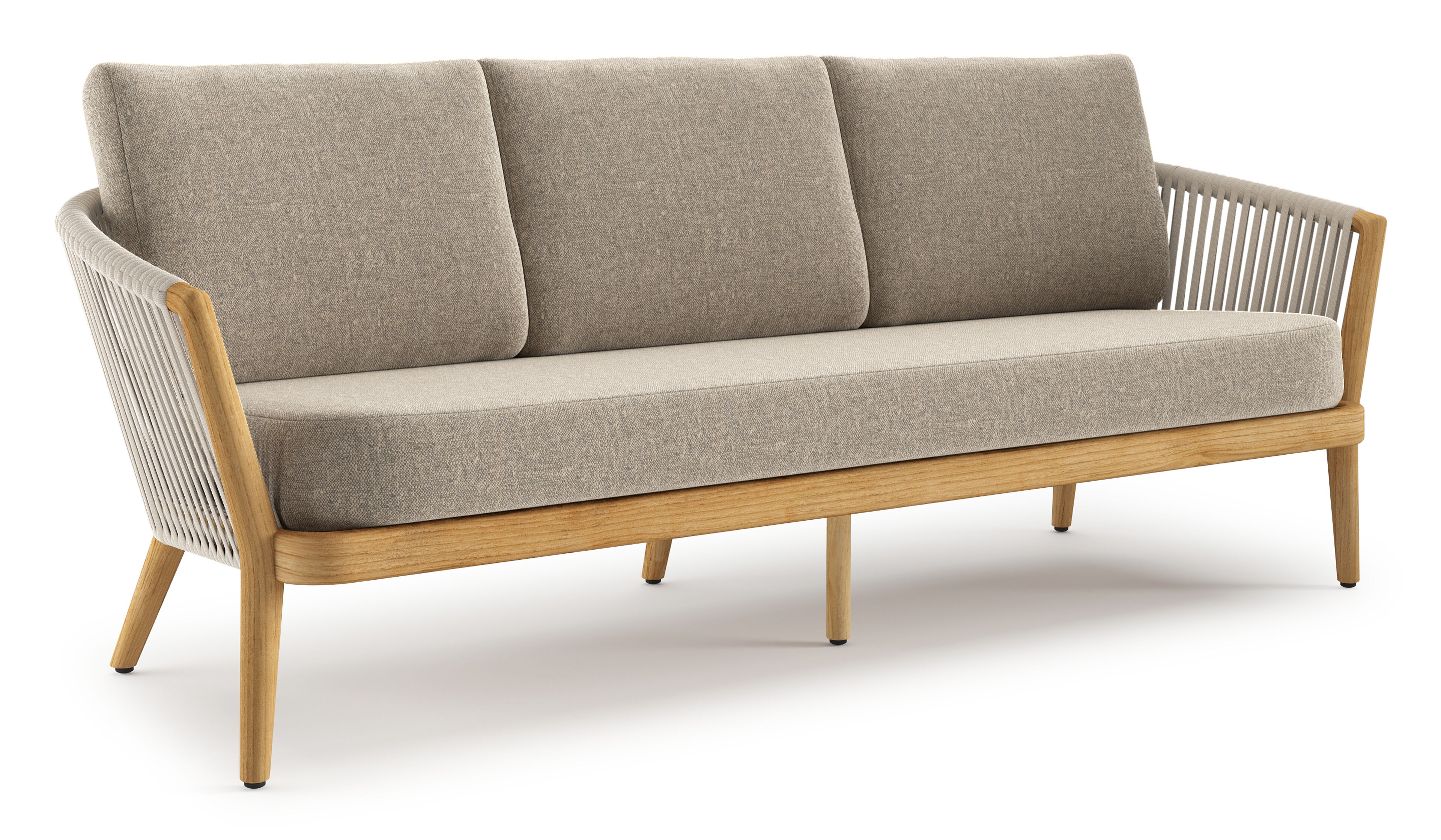 Orso loungebank in teak en beige verticaal geweven luxe vlakke rope met Chartres Pewter all weather sunbrella® luxe kussen