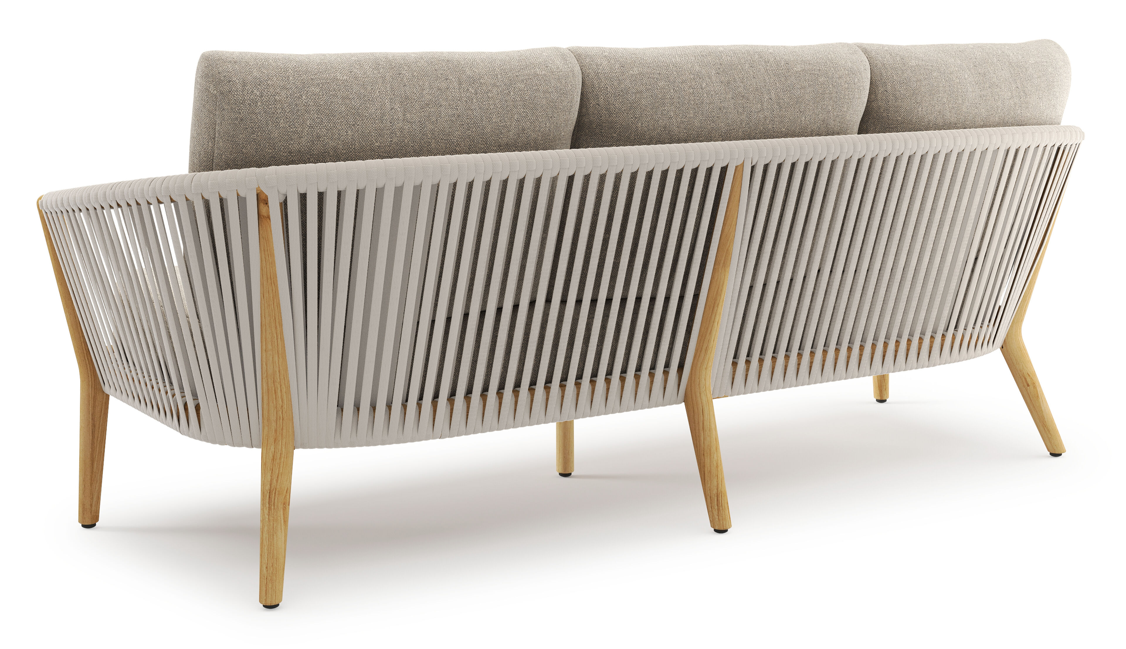 Orso loungebank in teak en beige verticaal geweven luxe vlakke rope met Chartres Pewter all weather sunbrella® luxe kussen